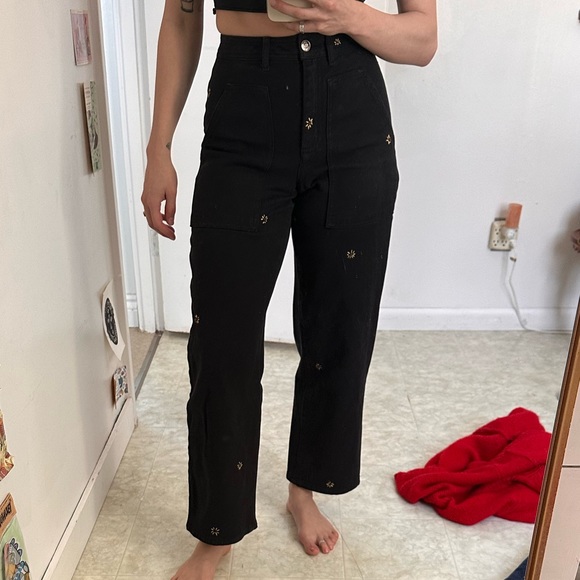 Wilfred Free Wide Leg W’s jeans size 24, hand embroidered with sunflowers! - Picture 5 of 5